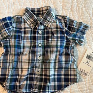 Ralph Lauren Baby Blue Green Plaid short Sleeve Button-Down Onesie 3M